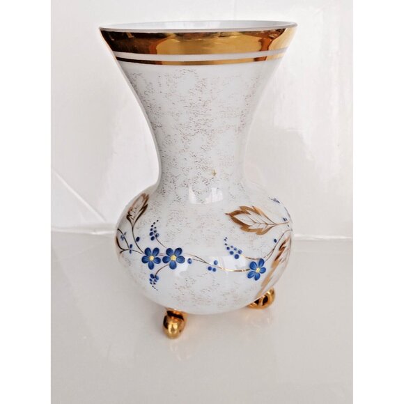 Three Footed French Frosted Glass Vase with Gold Gilding & Painted Florals MCM - Picture 2 of 13